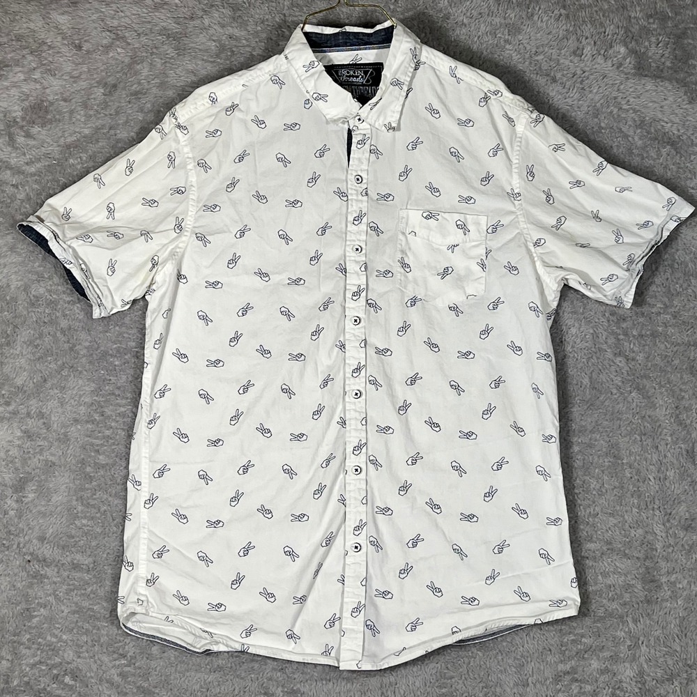 Broken Threads Mens XL White Peace Sign Print Short Sleeve Button Down Shirt
